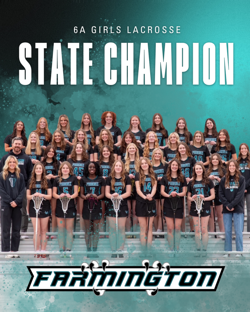 A team photo of the Farmington High Girl's Lacrosse team. There are teal paint splatters everywhere. The top of the graphic says 6A Girls Lacrosse State Champion. Along the bottom is a Farmington High Logo that says Farmington with talons holding it.