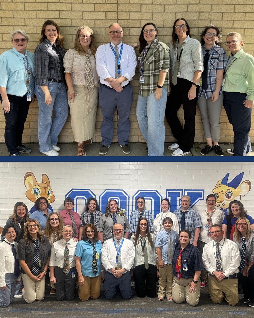 Two group photos of staff at Cook Elementary posing with their principal because they all dressed up like him to honor him before his retirement.