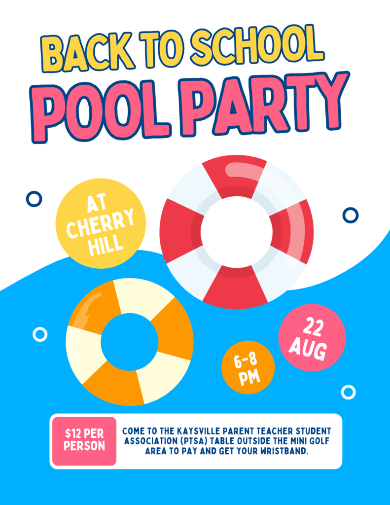 image of round water floaties bacfk to school pool party at cherry hill 6 - 8 pm 22 aug $12 per person come to the kaysville parent teacher student association (PTSA) table outside the mini gold area to pay and get your wristband.