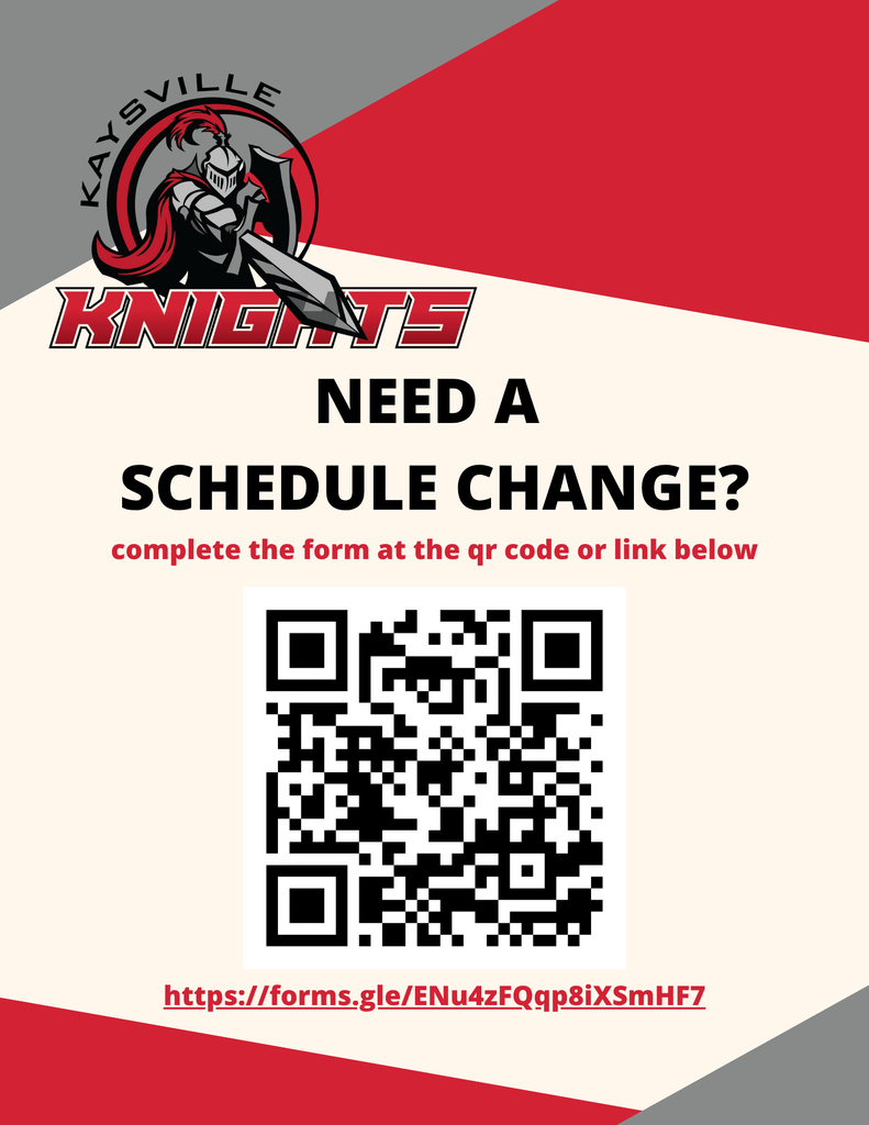 image of kjh knights logo image of a knight in armor pointing a sword, holding a shield. need a schedule change? complete the form at the qr code or link below https://forms.gle/ENu4zFQgp8iXSmHF7
