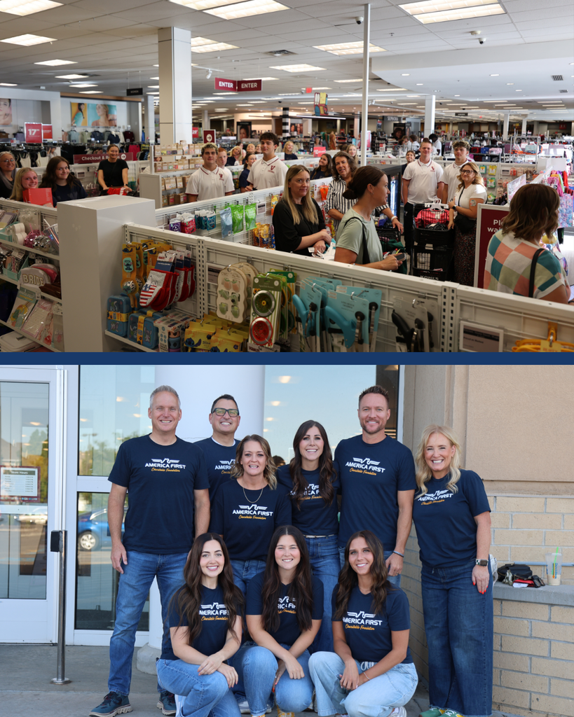 Two horizontal photos. The top photo is of a giant line of DSD students, teachers and staff in line at Kohl's after shopping for students. The bottom photo is of a group of nine people all wearing blue America First shirts smiling at the camera.