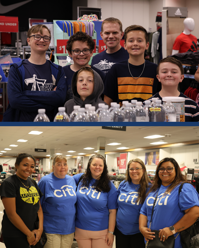 two horizontal photos. The top photo is of six men smiling at the camera. The bottom photo is of five women wearing citi shirts.