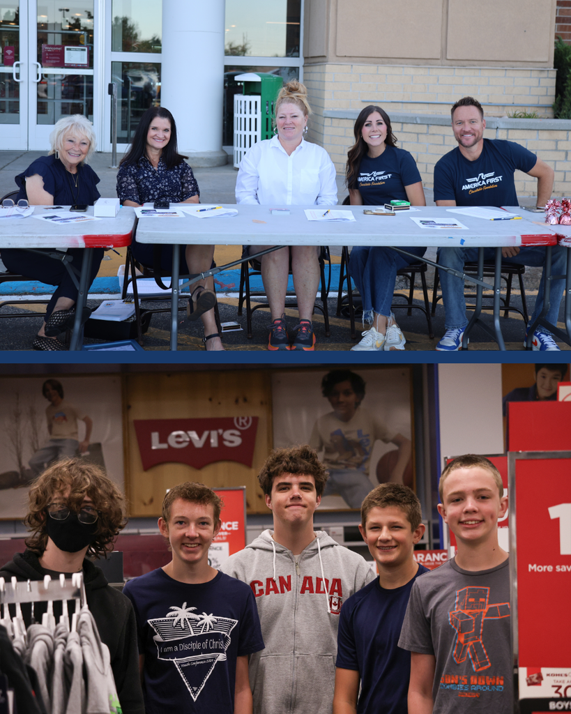 Two photos. The top is a group of volunteers from sponsors and the Davis Education Foundation sitting outside Kohl's for the Child Spree. The bottom photo is of five young men smiling while shopping at Kohl's.