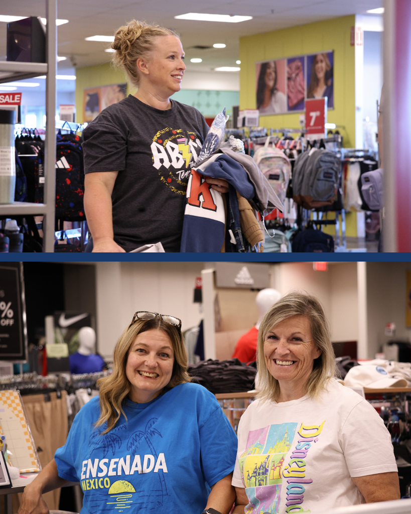 Two photos. The top photo is of one educator with clothes in her hands while shopping for students at Kohl's. The bottom photo is of two educators shopping at Kohl's during the Davis Education Foundation's Annual Child Spree.