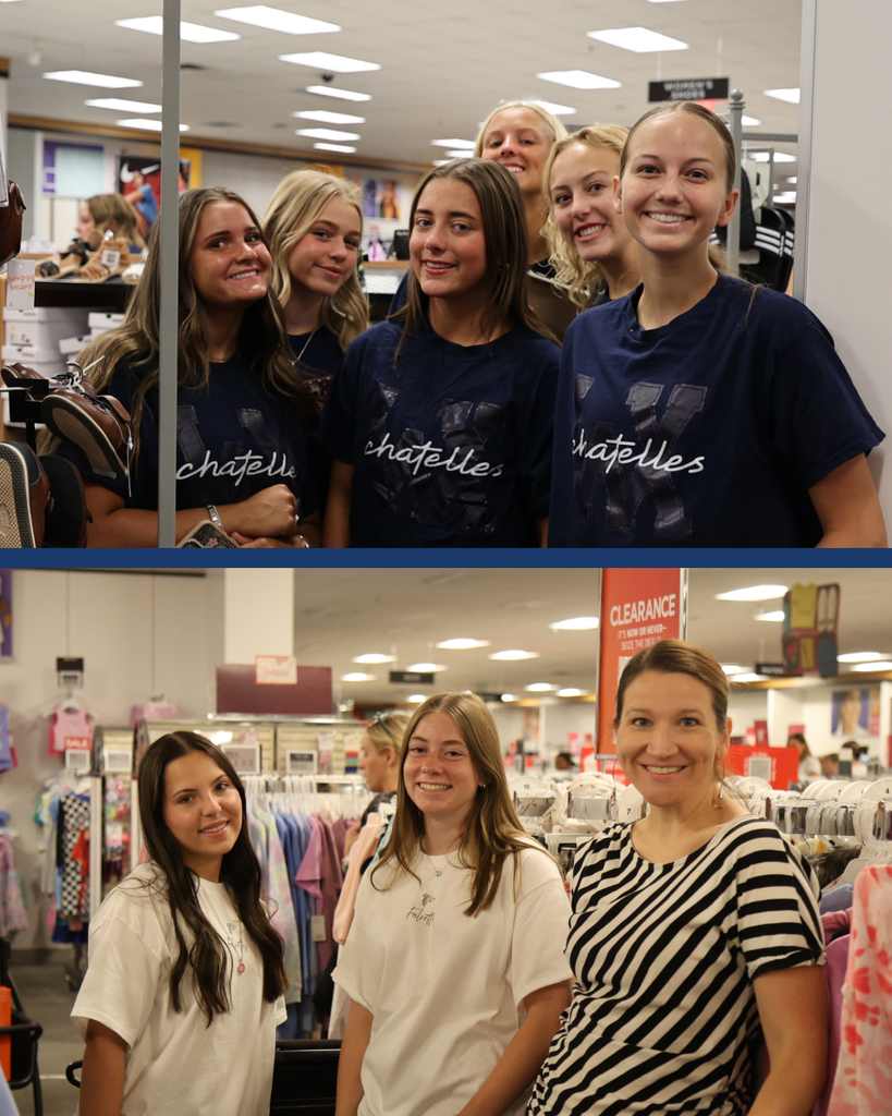 Two photos. The top photo is of a group of six Woods Cross Chantelles shopping at Kohl's. The bottom photo is of two students and one principal shopping at Kohl's.