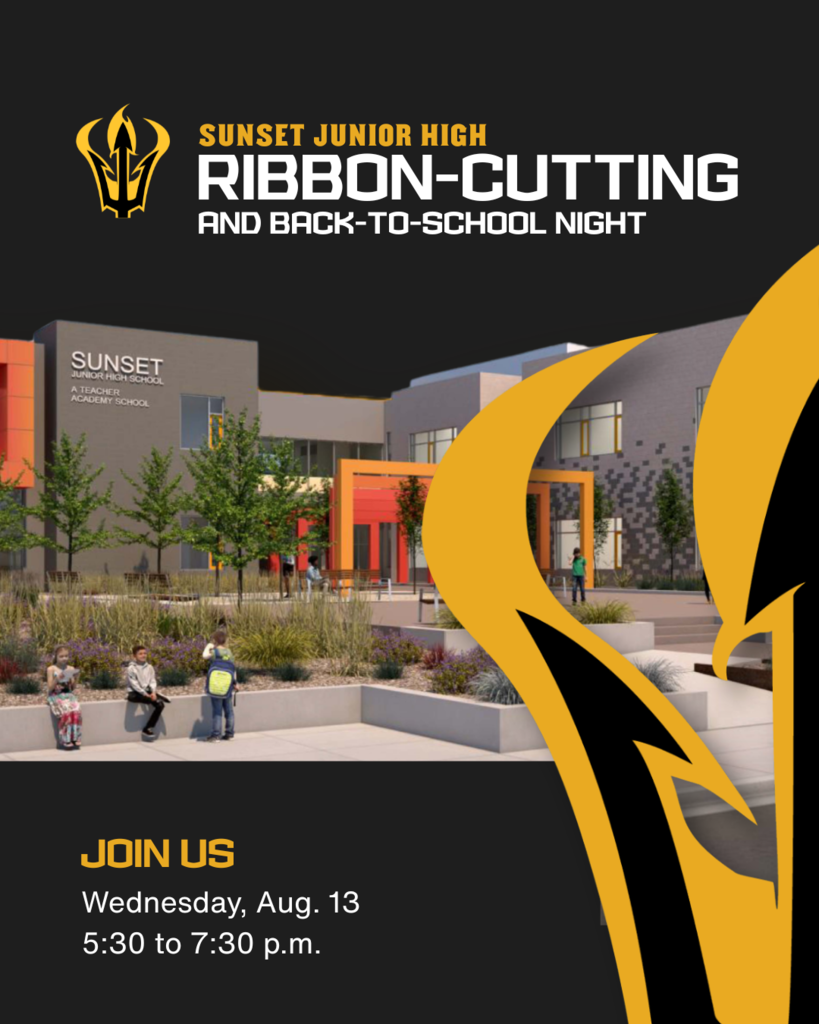 Sunset Junior Ribbon Cutting open house and back to school night flyer