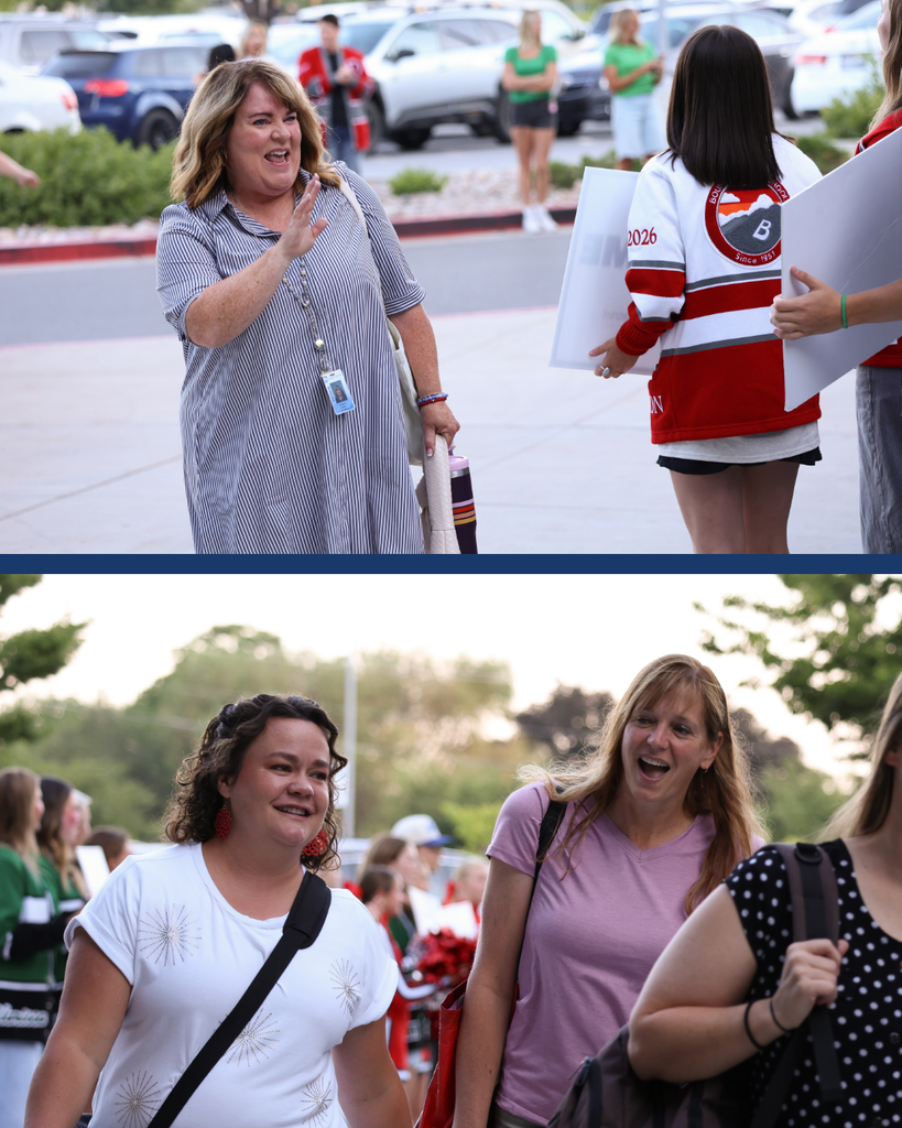 A collage of two photos. The top photo is of student body officers yelling and a new educator waving at them. The bottom photo is of two new educators smiling as they walk through a tunnel of students.