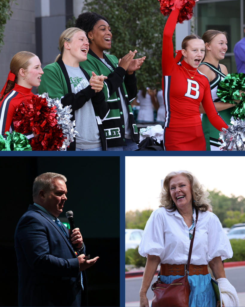 A collage of three photos. The top photo is of Clearfield and Bountiful high SBOs and cheerleaders cheering. The bottom left photo is of Superintendent Dr. Dan Linford speaking into a microphone. The right photo is of a new teacher smiling at the camera as she walks inside.
