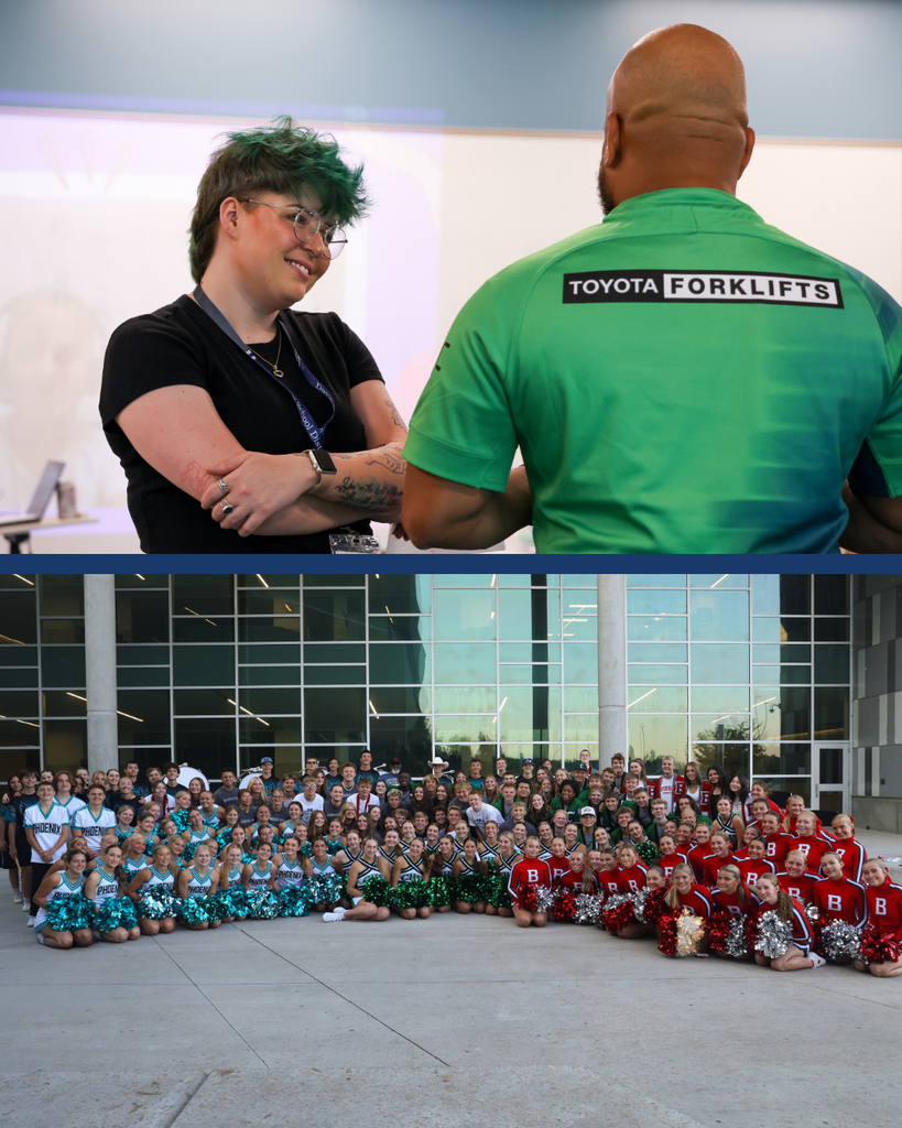 A collage of two photos. The top photo is of two educators talking. The bottom photo is of a large group of students sitting outside of Farmington High school after they welcomed new educators into the building.
