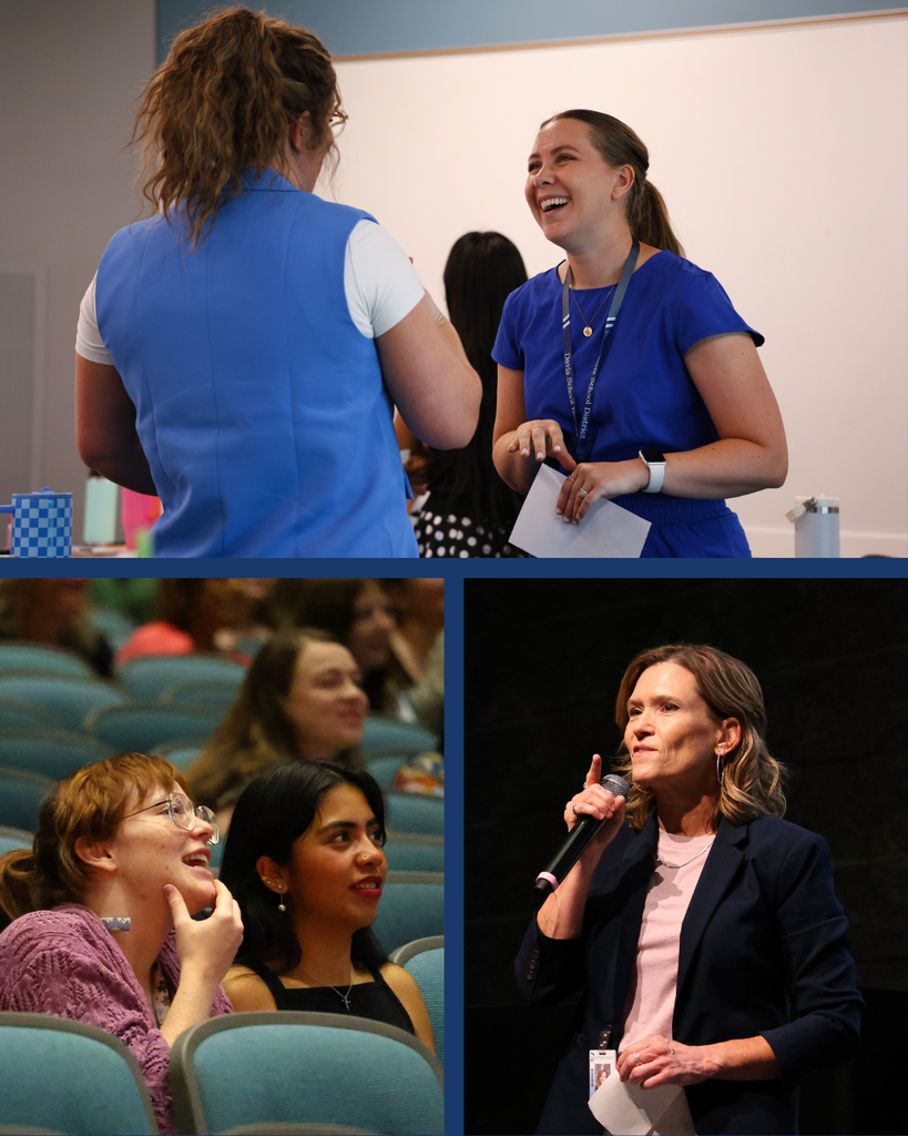 A collage of three photos. The top is a photo of two new educators talking while standing. The bottom left photo is of two new educators sitting in a auditorium. The bottom right photo is of Allison Riddle speaking into a microphone.