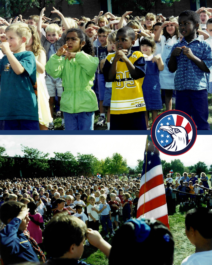 A collage of two photos. The top photo is of a group of Hill Field Elementary students doing a sign language song. The bottom is an old photo of Hill Field Elementary students saying The Pledge.