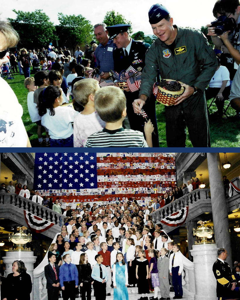 A collage of two photos. The top photo is of military people handing out flags to Hill Field Elementary students. The bottom photo is of Hill Field Elementary students singing at the Utah State Capitol. There is a large flag behind them that looks to be colored or have stories on it.