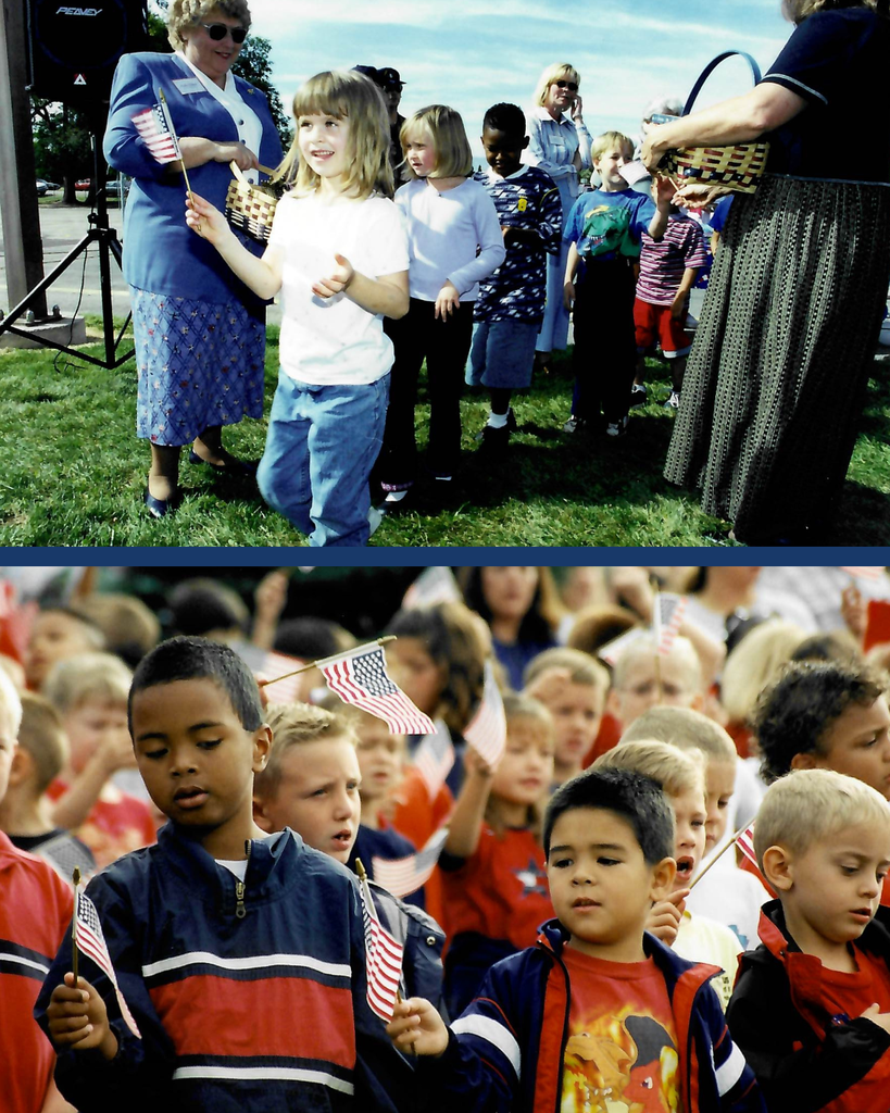 A collage of two photos. The top photo is of a line of Hill Field Elementary students receiving flags from teachers. The bottom photo is of students waving small flags.