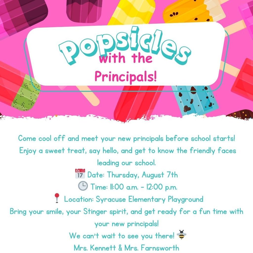 📣 Reminder! Popsicles with the Principals is today from 11:00 a.m. – 12:00 p.m. Come cool off in the shade of the playground trees and say hello! 🍦🌳