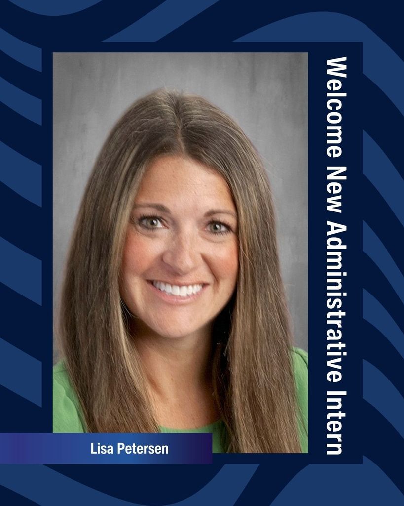Blue wavy background with  vertical text "Welcome New Administrative Intern" and horizontal text "Lisa Petersen" with a photograph of Lisa Petersen.