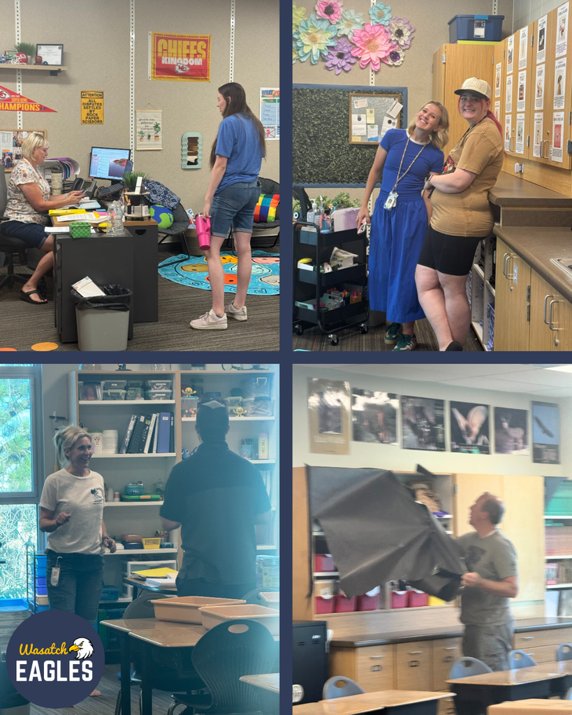 Four pictures of teachers preparing their classroom for back to school.