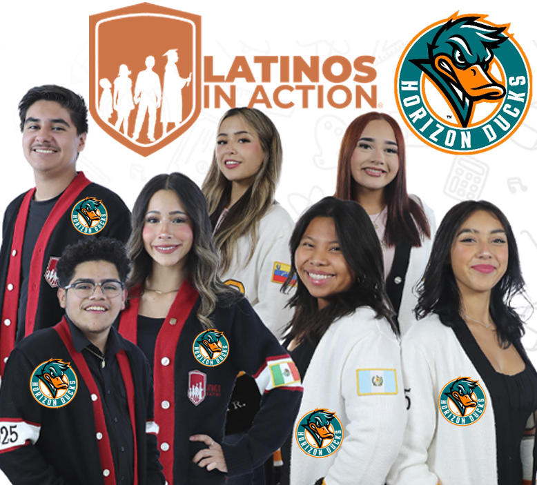Latinos In Action Students posing and smiling with Horizon Jr. High Logos