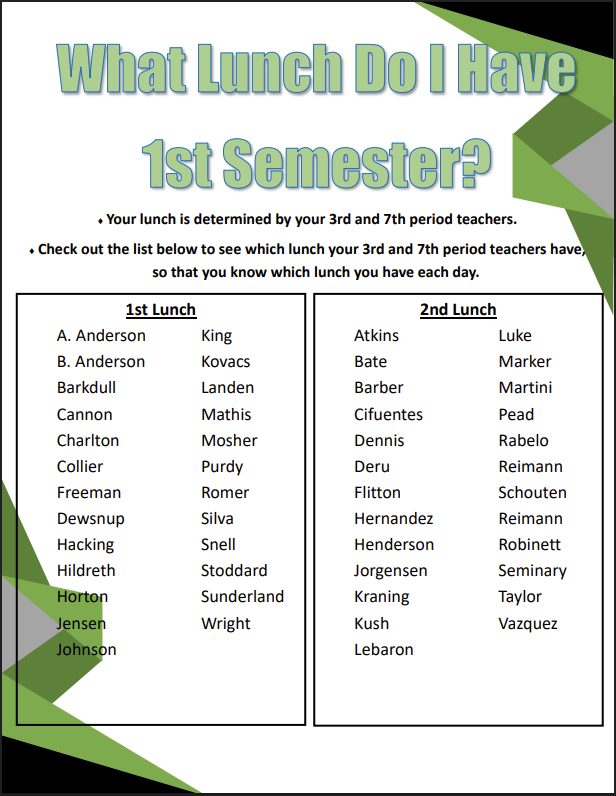 Lunch Schedule for First Semester