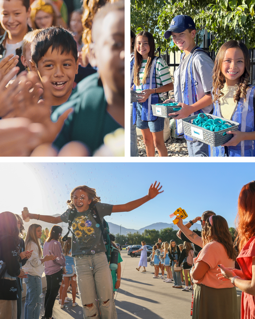 A collage of students smiling on the first day of school.