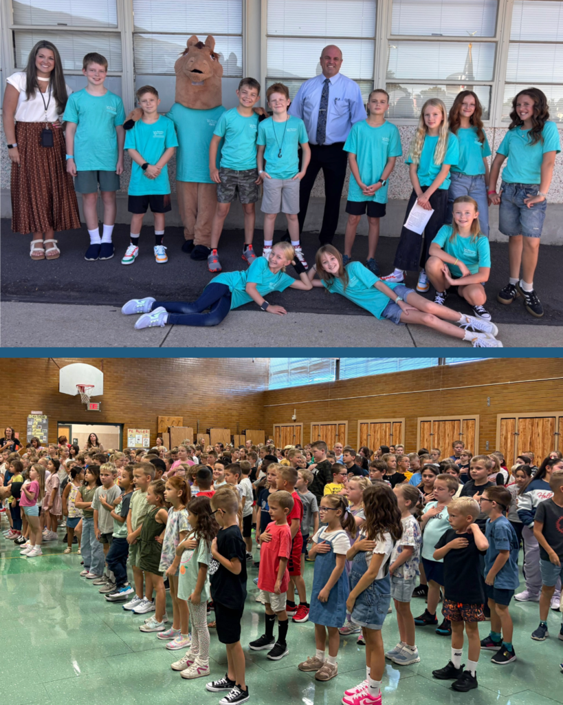Top image of school administration with student council and school mascot. Bottom image of all students standing for the Pledge of Allegiance.