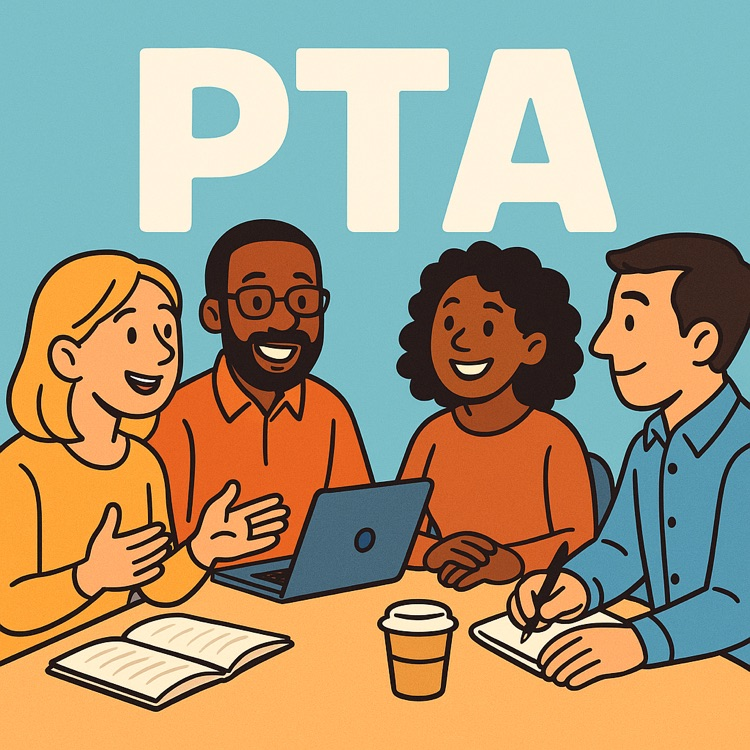 four cartoon parents meeting at a table