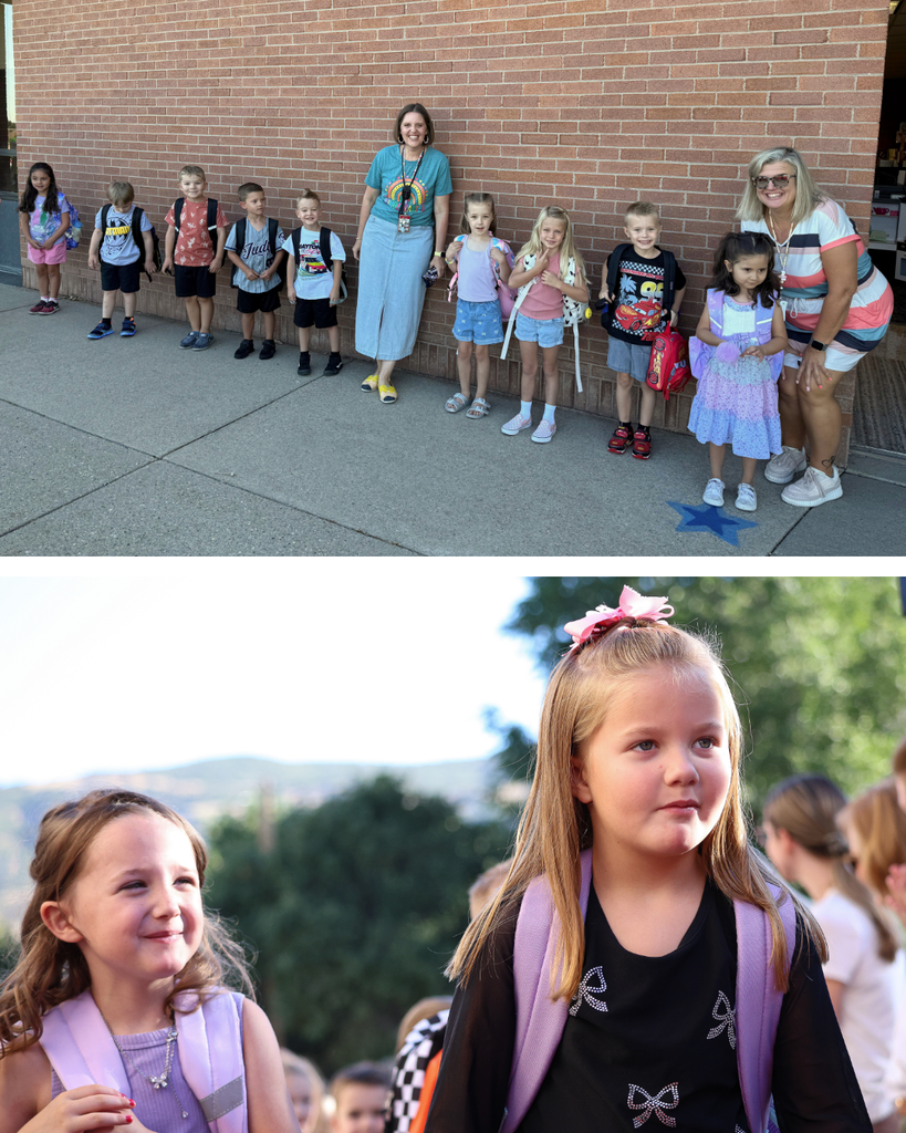 a collage of kindergartener students lining up for their first day of class.