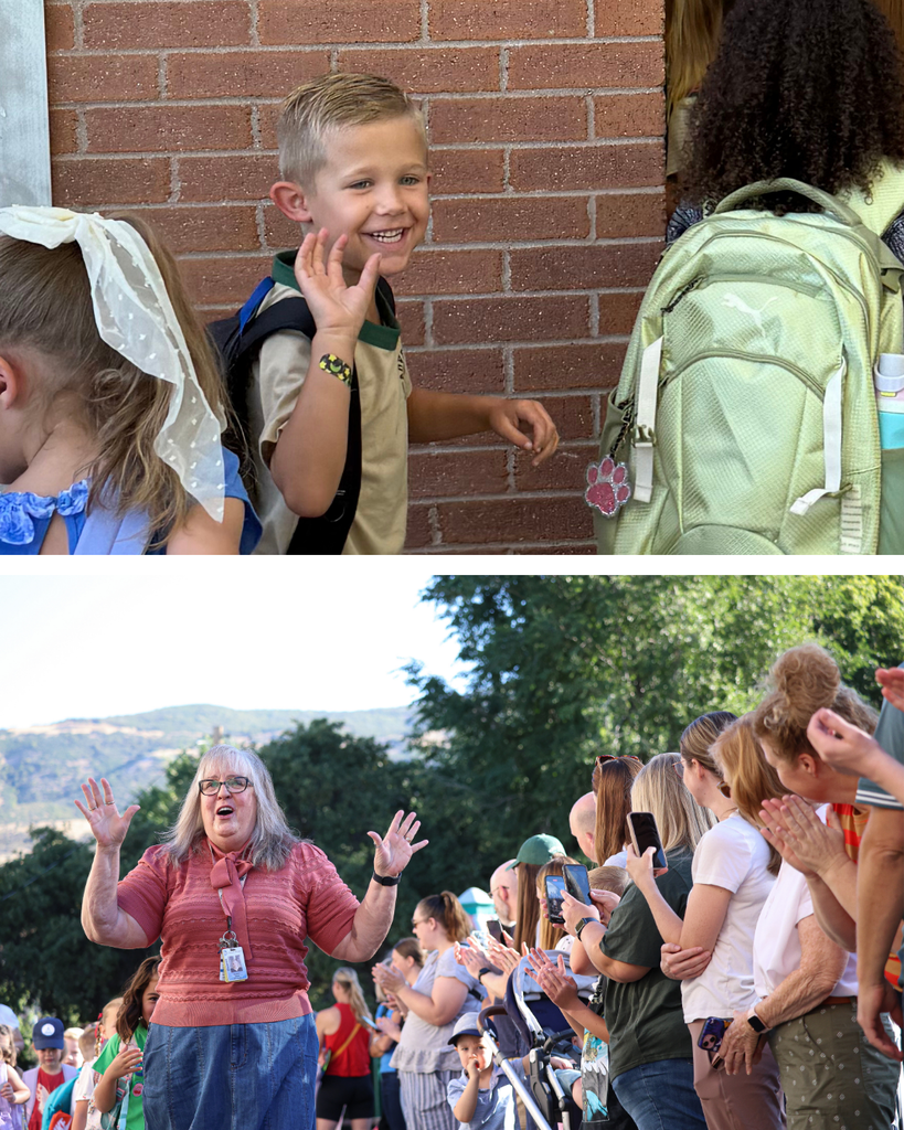 a collage of two photos where students are waving to their parents on the first day of school.