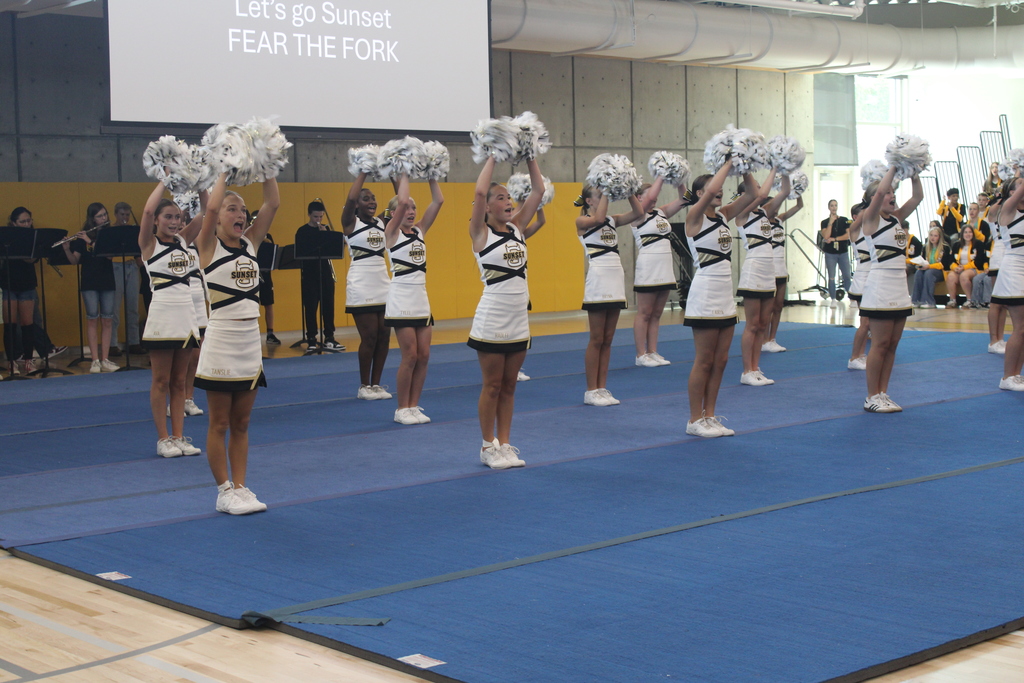 Cheerleaders wave their pompoms in the air.
