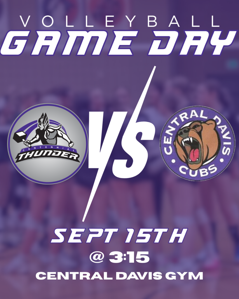Girls Volleyball Game Reminder. Game is on Sept 15th at Central Davis Jr High in their gym and begins at 3:!5pm