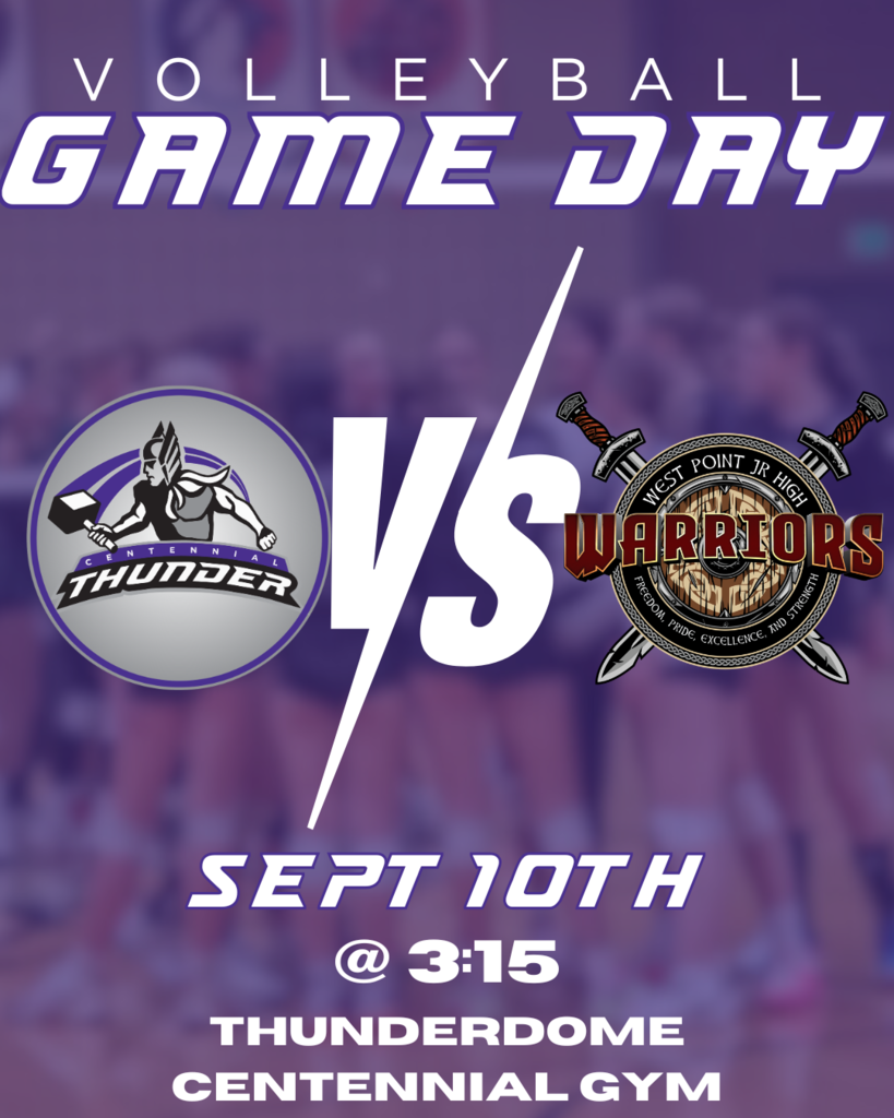 Girls Volleyball Game Reminder. Game is on Sept 10th at Home vs West Point and begins at 3:!5pm