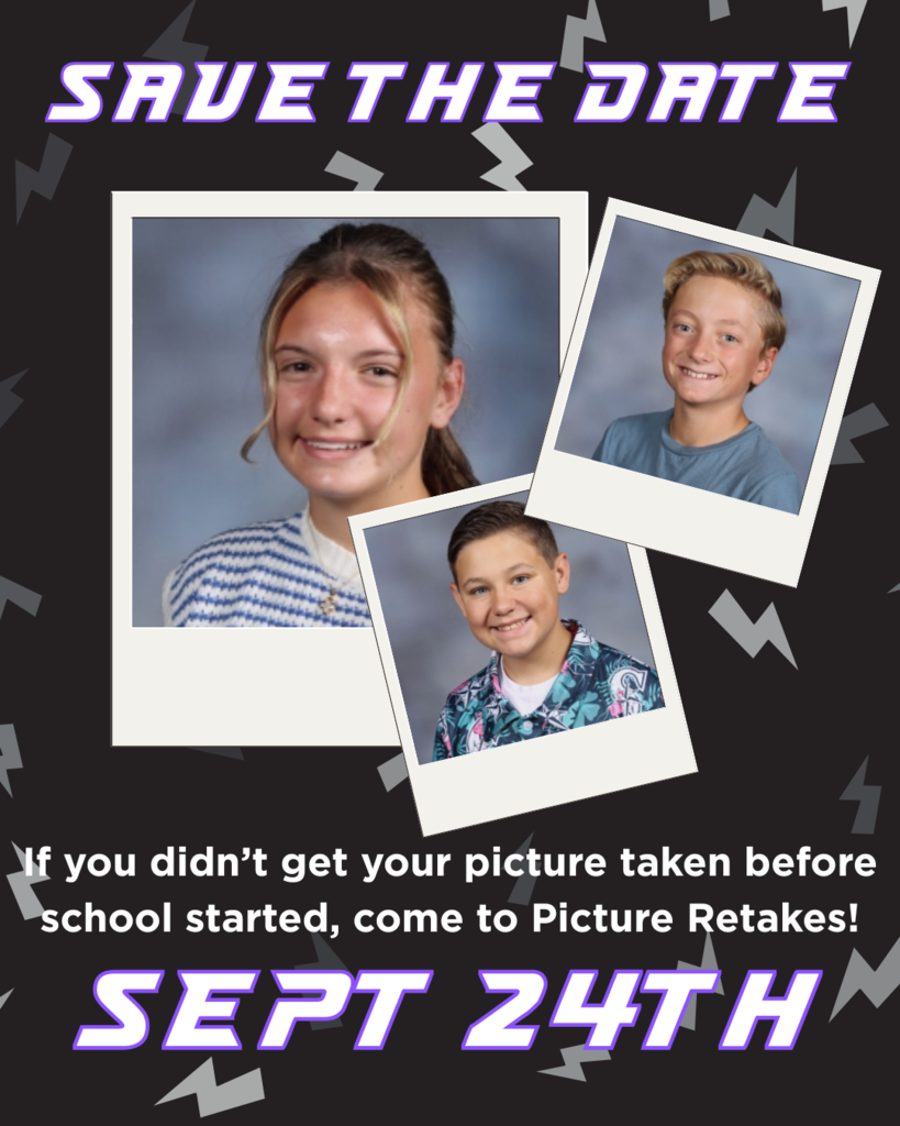 Save the Date for Picture retakes. 3 student school pictures smiling at camera