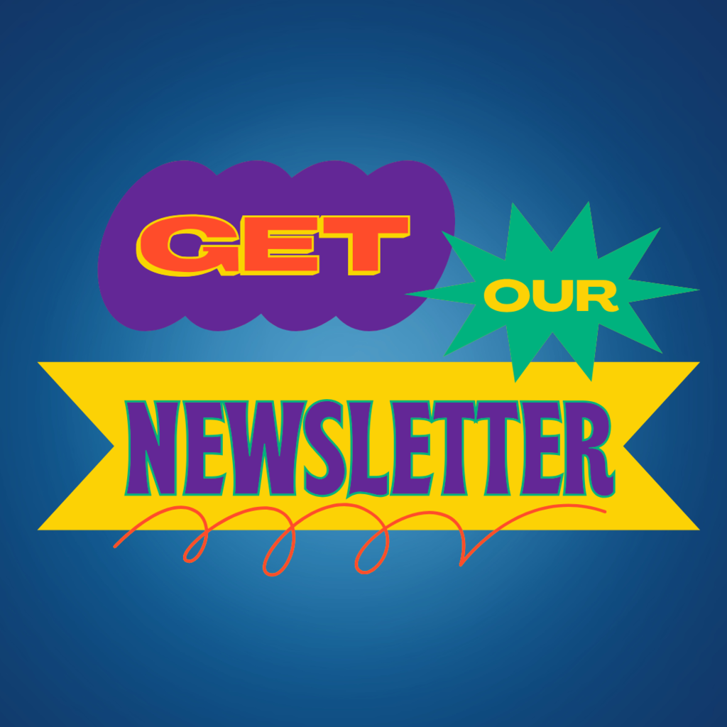 Get our newsletter with red, yellow, green, and purple colors and shapes with blue background