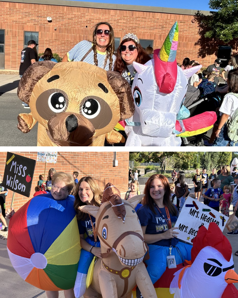A collage of educators wearing blow up costumes.