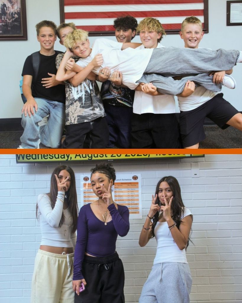 Two images. The top images shows five teenage boys holding another boy as he lays horizontal.  The bottom image shows three teenage girls standing  holding up two fingers in front of their faces