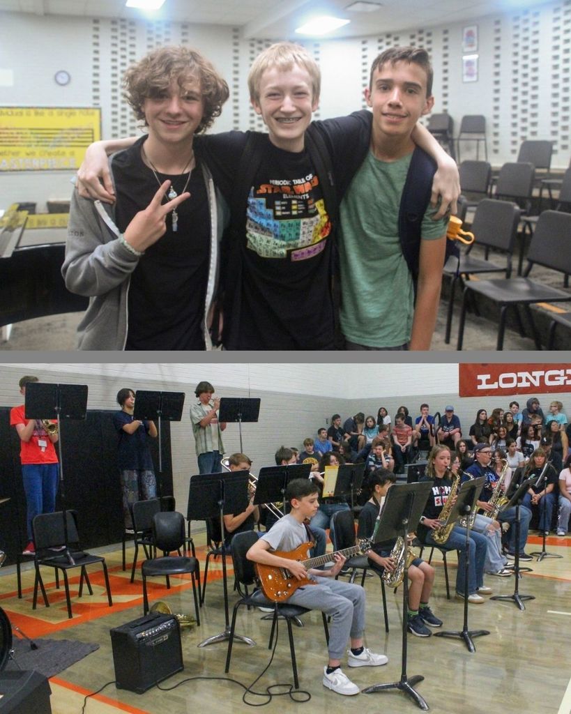 Two images. The top image is three teenage boys with their arms around each other smiling. The bottom image is of the Jazz Band performing during the assembly.