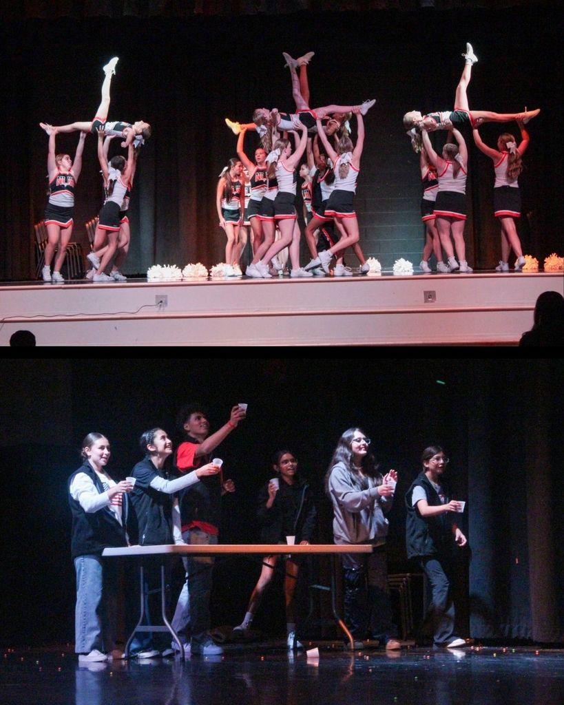 Two image. The top image is cheerleaders performing stunts during the school assembly. The bottom image is a group of students playing a game on stage during the assembly. 