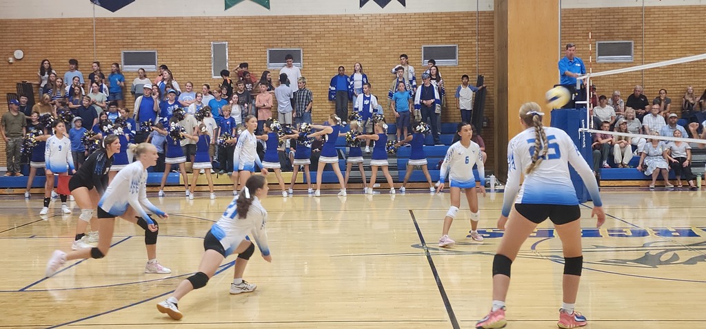 Fairfield volleyball players getting low to the ground to play a ball that has come over the net. In the background are Centerville fans standing in the bleachers.