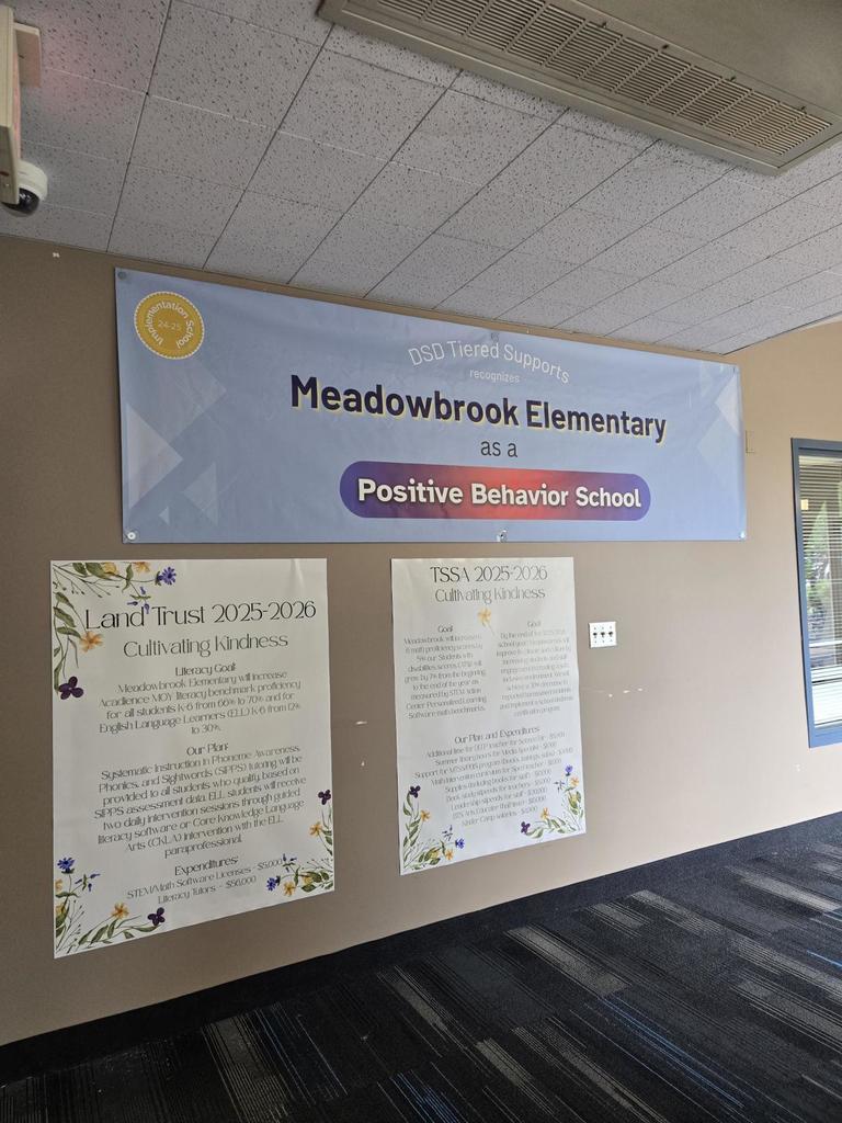 Picture shows hallway at an elementary school that has posters showing Meadowbrook is a Positive Behavior School