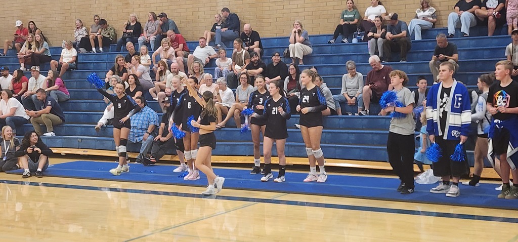 Fairfield's Varsity team is lined up like cheerleaders, with blue pom-poms, as they cheer on the JV team. Behind them are crowd members sitting in the bleachers.