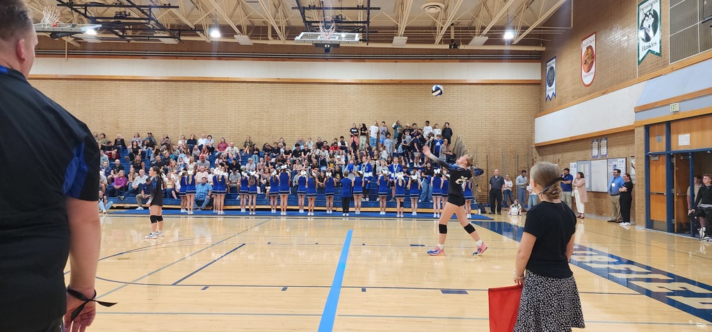 Fairfield's player number 25 is serving a ball on the right side of the image. In the back of the image are Fairfield's cheer squad and the bleachers full of Fairfield's fans.