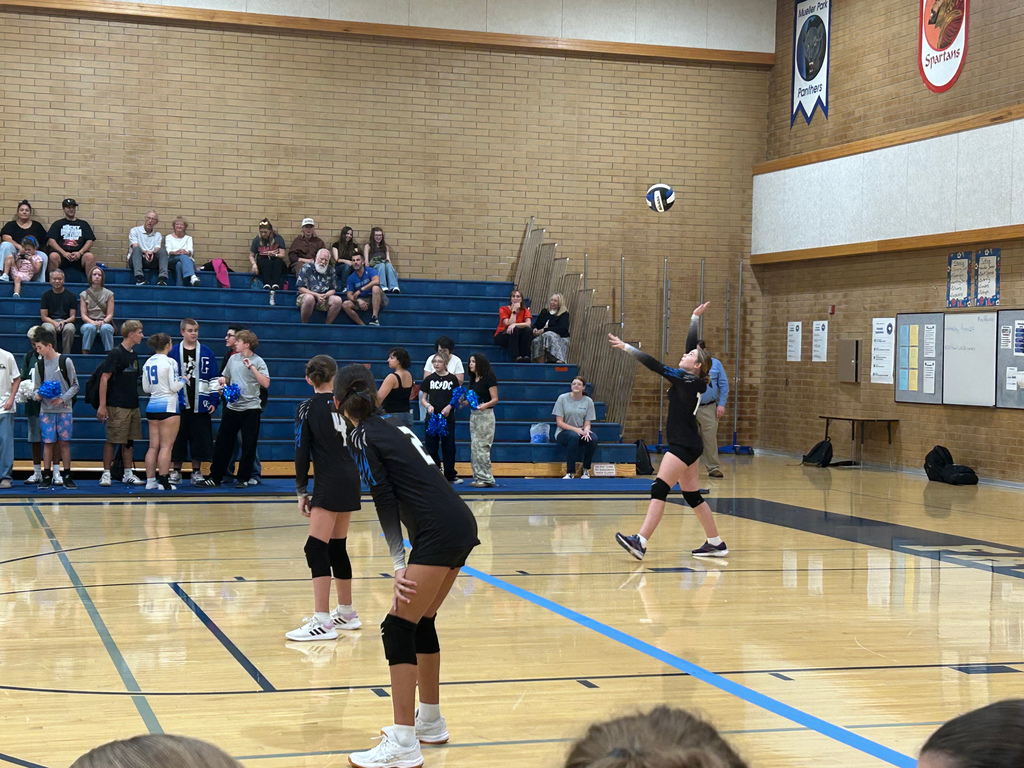 Fairfield's JV Tea is serving a ball. Two of Fairfield's team are watching from the court. In the background are fans in the bleachers and standing on the ground in front, cheering on the team.