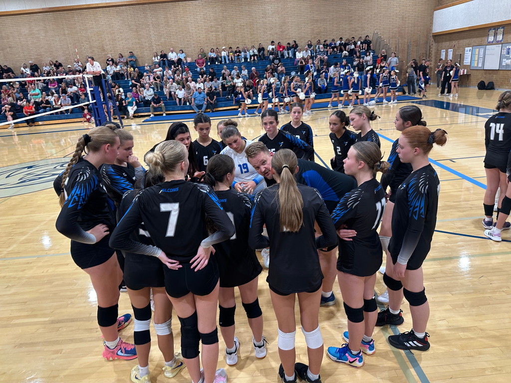 Coach Eliason is in the center of Fairfield's team huddle. All the girls are surrounding him watching in and listening. In the background are the cheer squad and fans sitting in the bleachers.