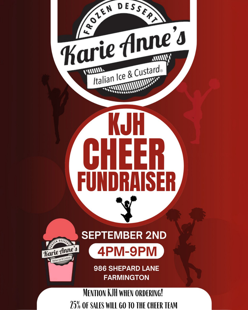 image of silhouette cheerleaders holding pom poms in the air and a frozen snow conefrozen dessert karie anne's italian ice & custard kjh cheer fundraiser september 2nd 4 pm - 9 pm 989 shepard lane farmington mention kjh when ordering 25%of sales will go to the cheer team