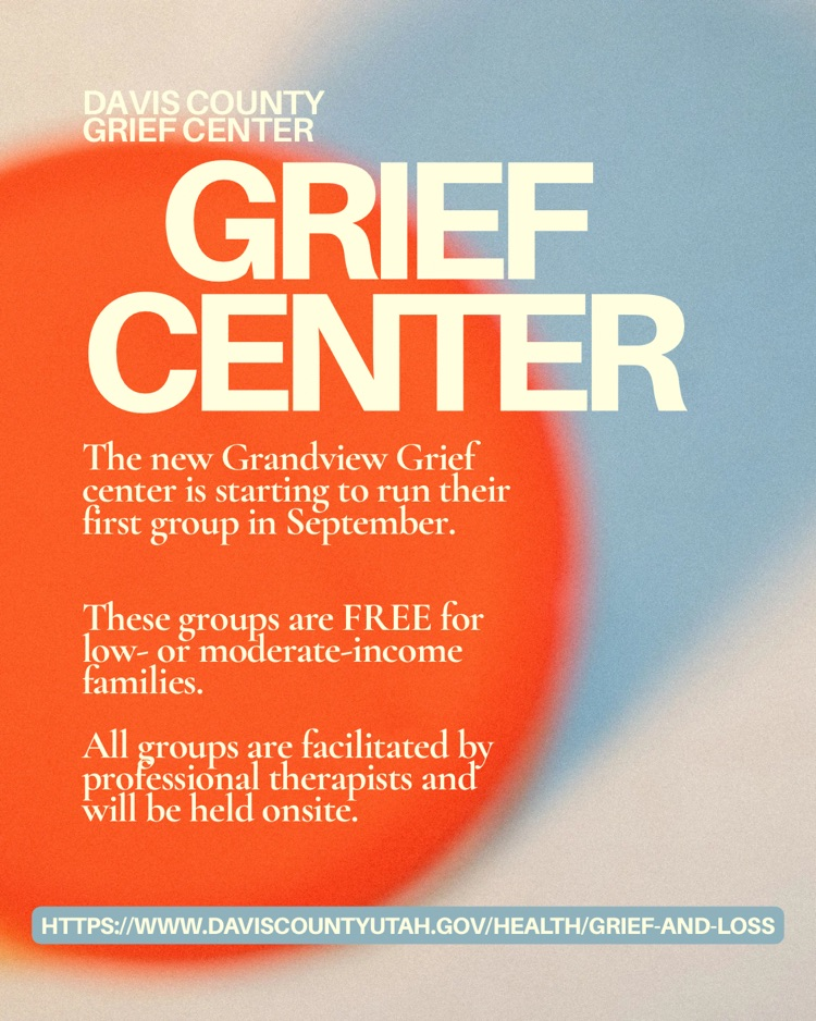 flyer about grief counseling in Davis school district free to low income families. link at bottom of flyer