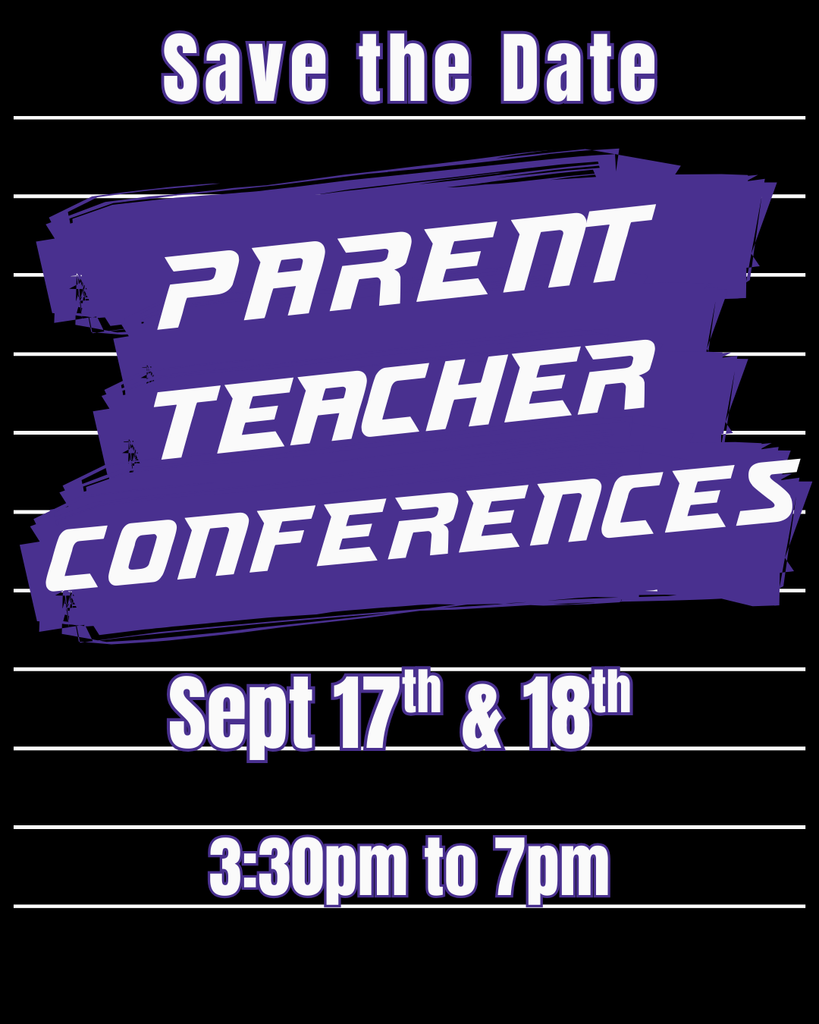 flyer for parent teacher conferences. white lined paper format with purple streaks saying parent teacher conference. white lettering.
