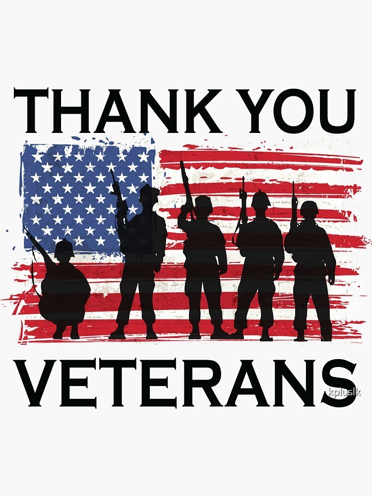 sillouette of veterans in front of flag; words say thank you veterans