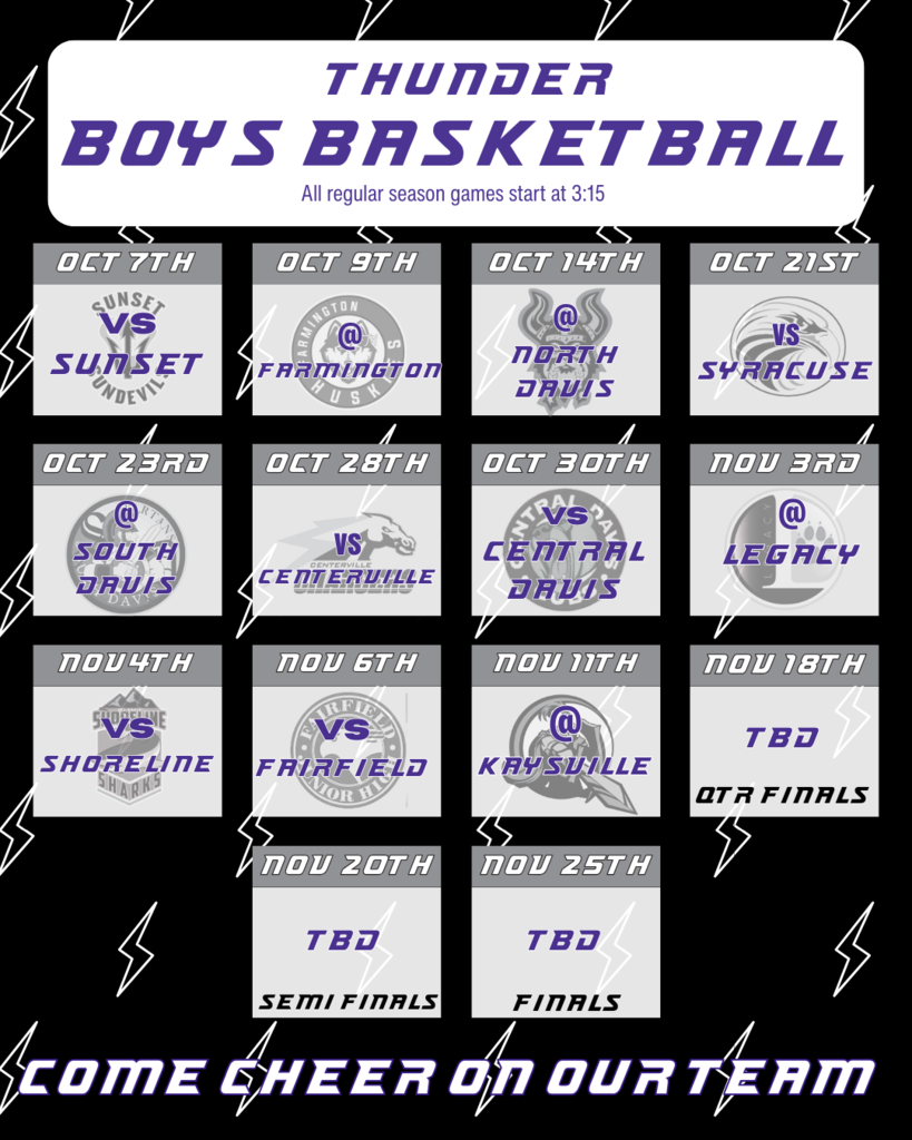 flyer for boys basketball season. white lighting bolt background on black. letters in purple and white