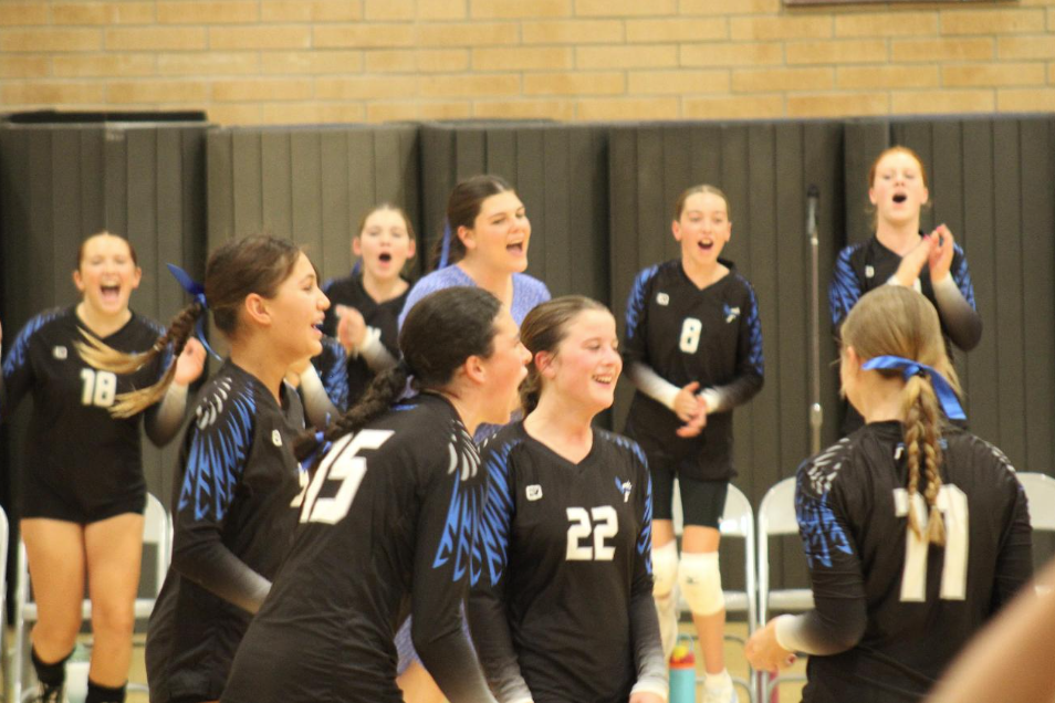 JV Volleyball team cheering for a point won