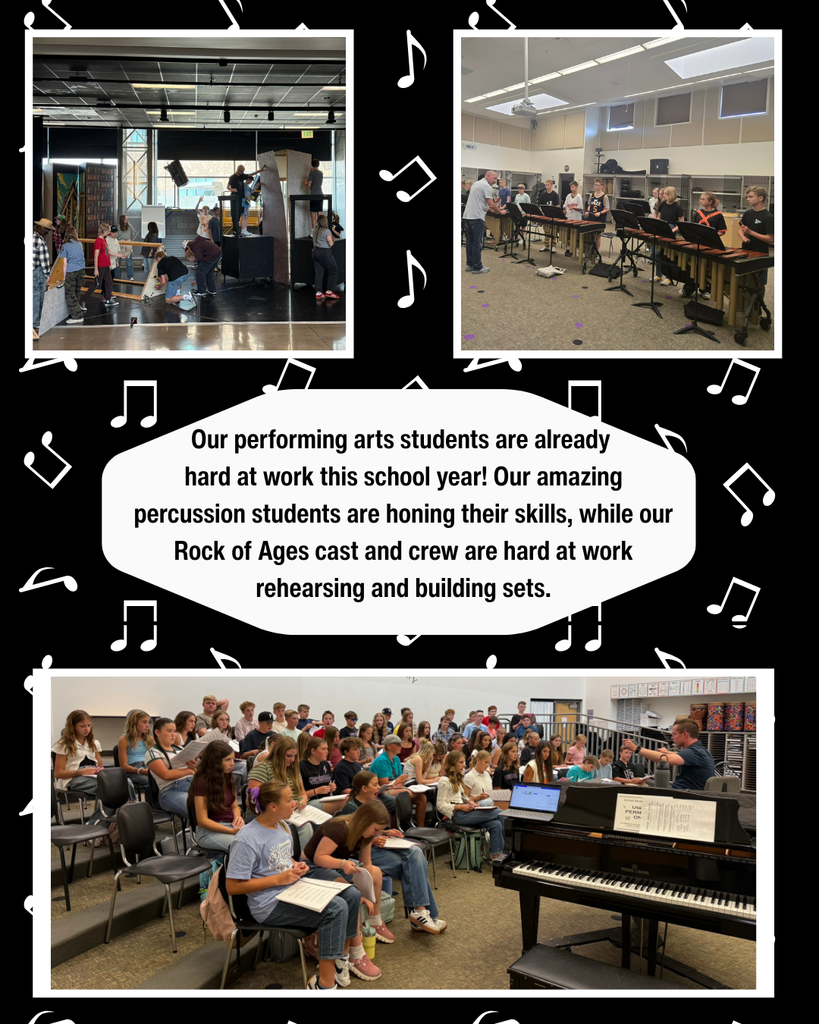 pictures of students in choir, percussion, and stage crew. Singing, Building sets, working on percussion