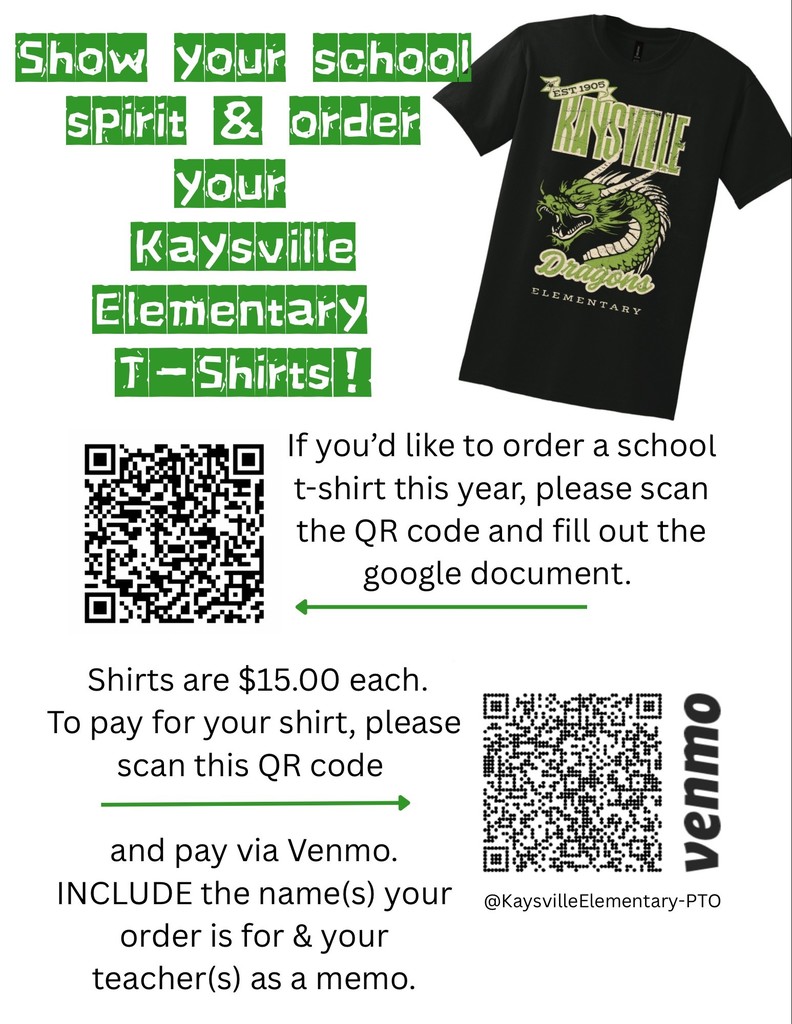 Show your school spirit & order your Kaysville Elementary t-shirts $15 each, please scan both QR codes to pay via Venmo & place your order. Include your order name and teacher name in the memo.
